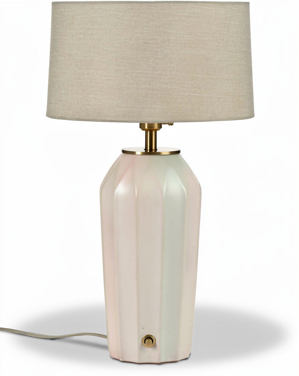 **Technische titel in het Nederlands: Elegante lamp met gebogen keramisch ontwerp en stoffen kap**