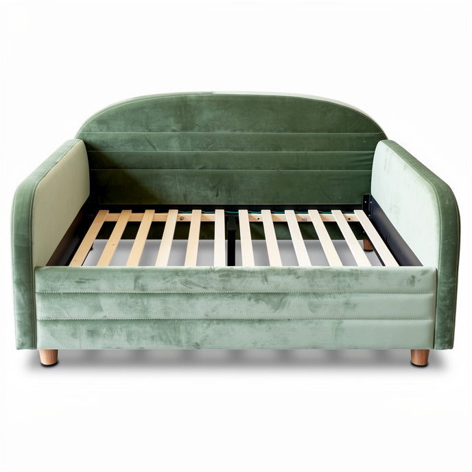 **Technische Titel in het Nederlands:** **Moderne Groen Velours Bedbank met Houten Lattenbodem**