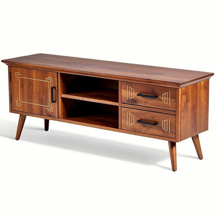 **Technische titel in het Nederlands:** **Moderne eikenhouten tv-kast met lades en open vakken**