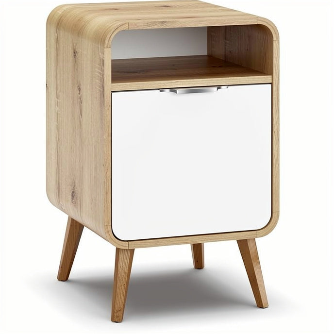 **Technische titel in het Nederlands: Moderne nachtkast met houtlook en lade**
