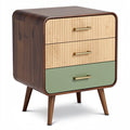 **Technische titel in het Nederlands: Moderne nachtkast met drie lades en een combinatie van hout en kleuren**