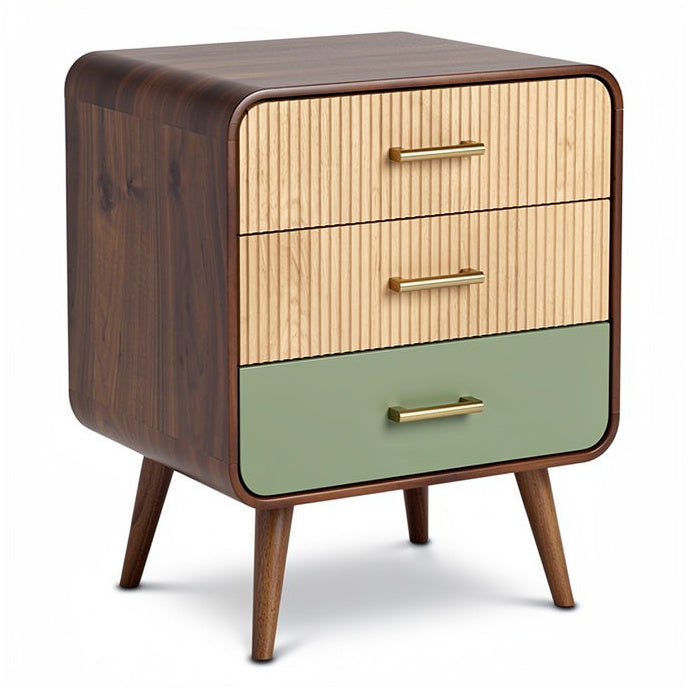 **Technische titel in het Nederlands: Moderne nachtkast met drie lades en een combinatie van hout en kleuren**