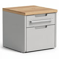 Titel in het Nederlands: **Moderne nachtkast met houten top en dubbele lade**