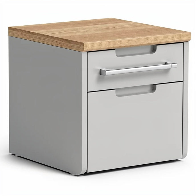 Titel in het Nederlands: **Moderne nachtkast met houten top en dubbele lade**